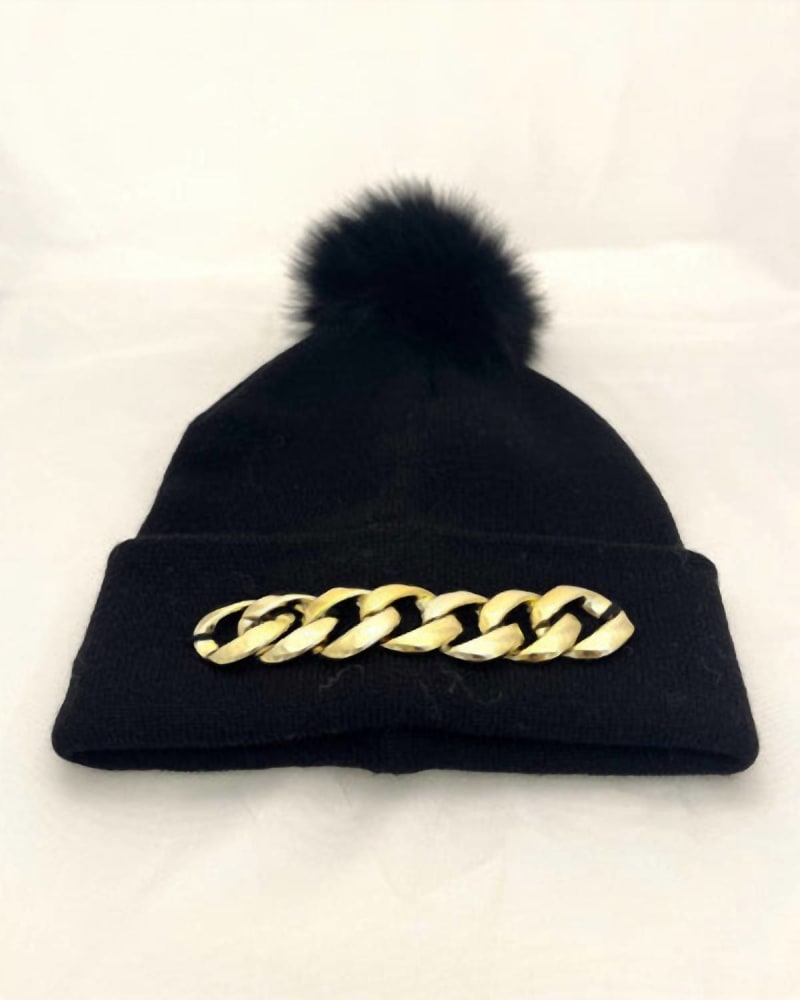 Front of a model wearing a size one-size-fits-all Posh Hat With Gold Chain In Black in Black by Mitchie's Matchings. | dia_product_style_image_id:358008